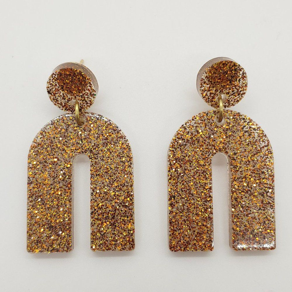 Earrings Upside-Down U Brown & Orange Glitter Studs
